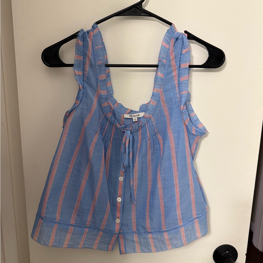 Madewell Blue and Pink Striped Tie-Front Ruffle Strap Camisole